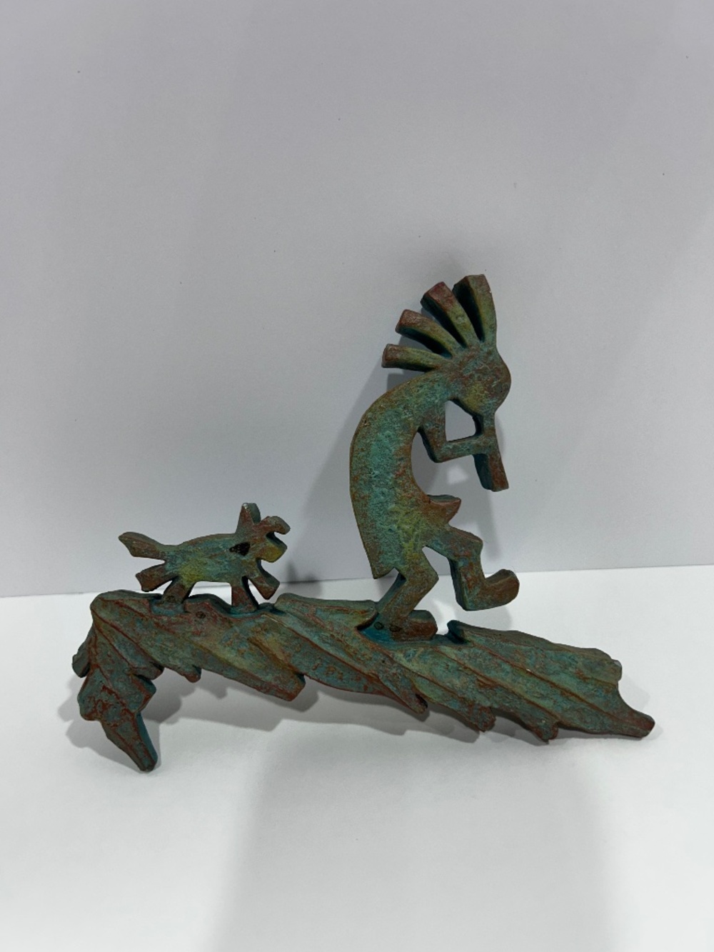 Vintage Native Kokopelli w/dog corner shelf accent patina cast iron rustic- 6x5"